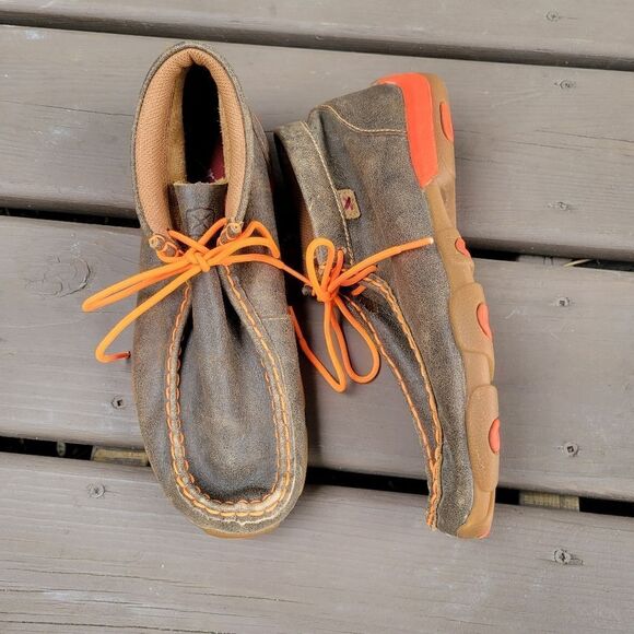 Twisted X Brown Leather Neon Orange Moccasin Moc Square Toe Ankle Driving Loafer - Picture 2 of 9